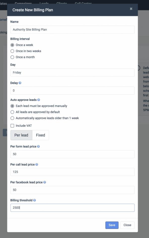 Authority Site Billing Plan
