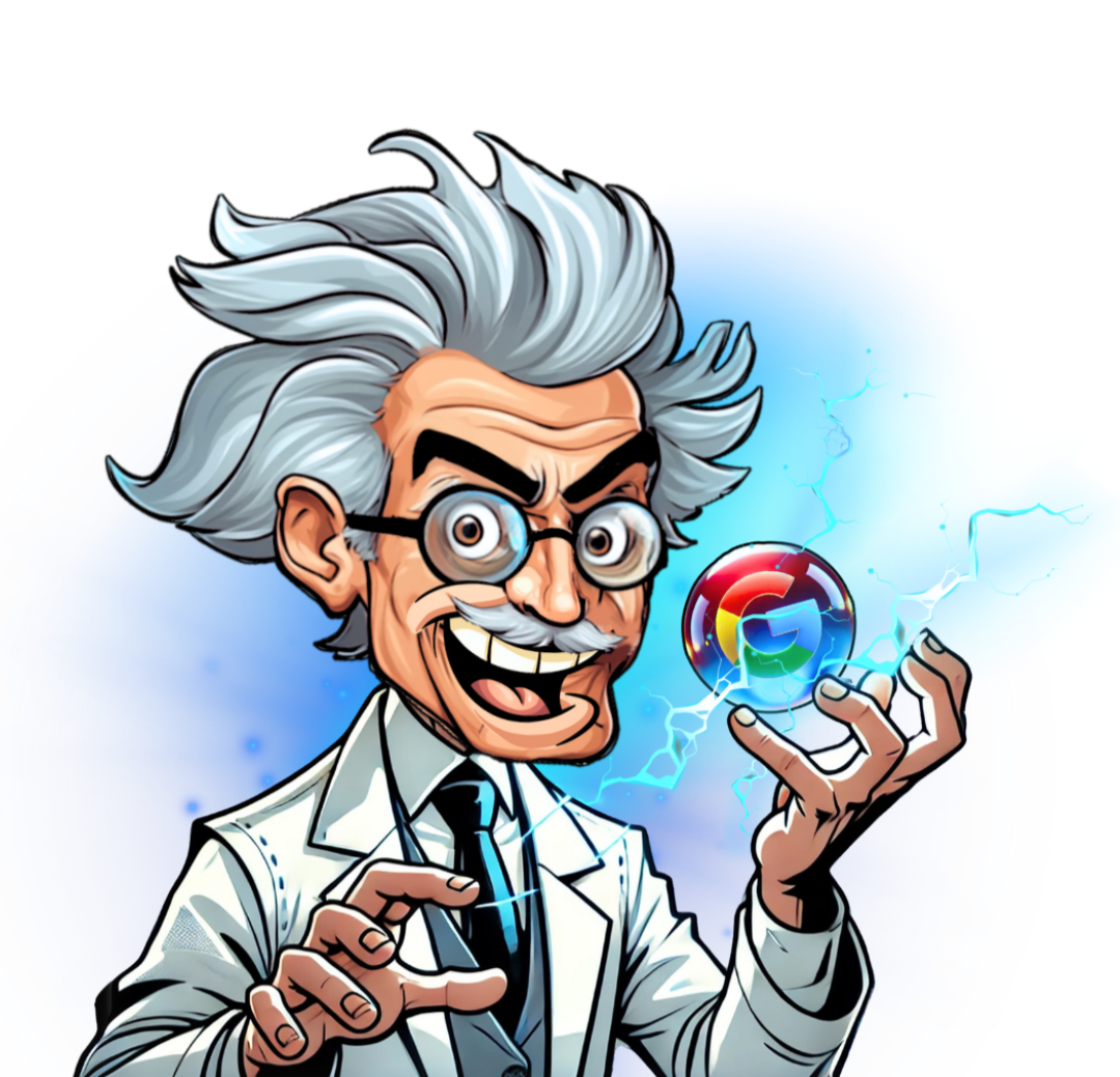 SEO Mad Scientist holding Google orb for organic SEO category