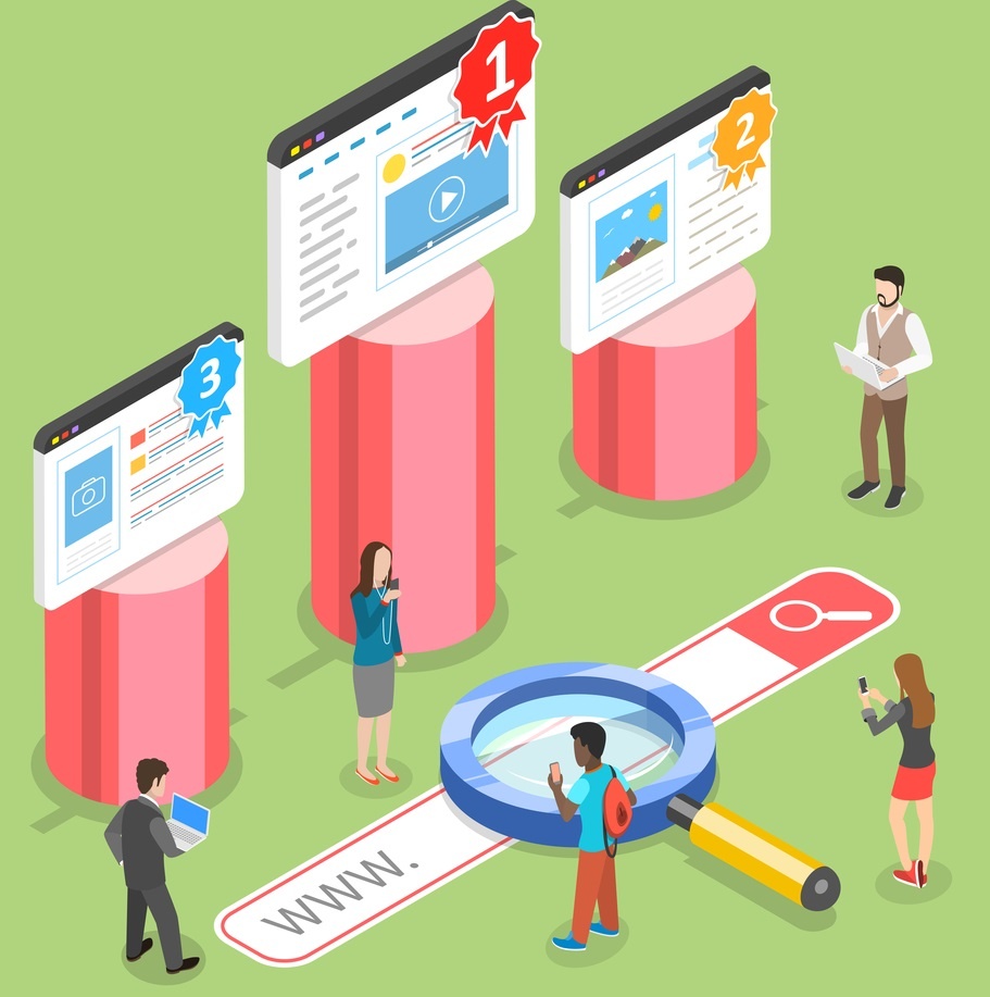 Flat isometric vector concept of seo ranking, website optimization marketing.