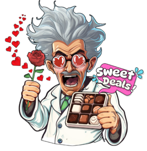 mad scientist with flowers and chocolate