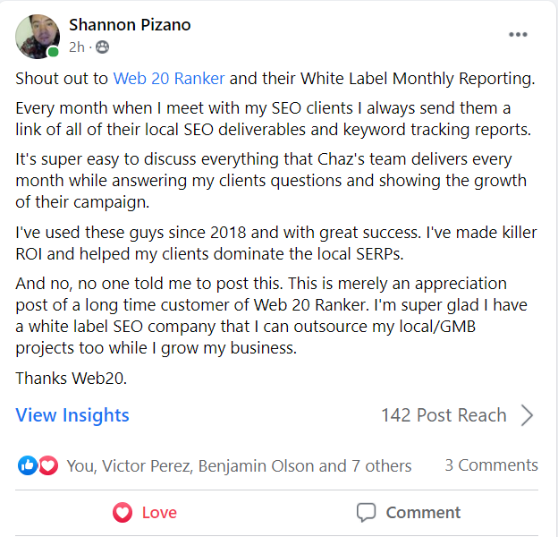 monthly seo testimonial by shannon p